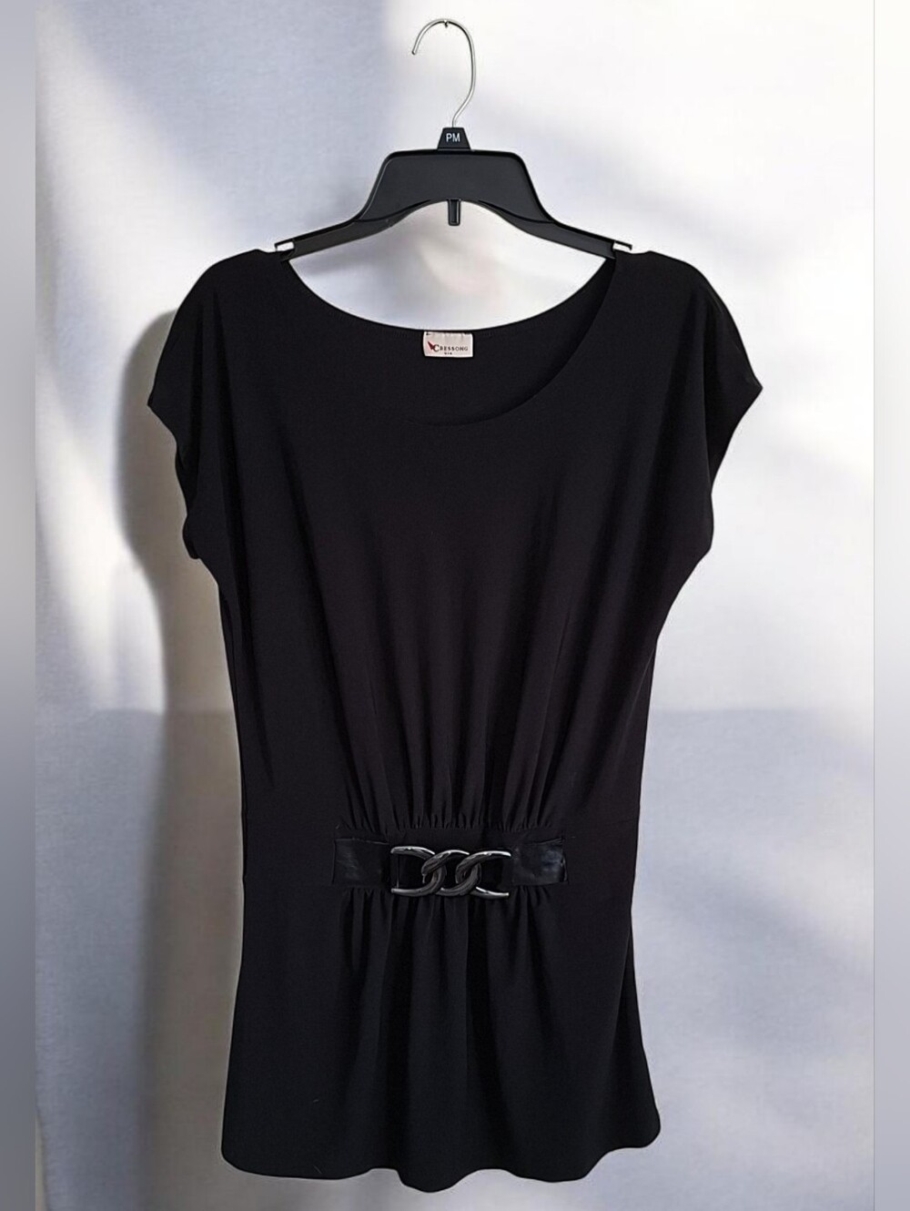 Womnes Cressong Black Short Sleeve Blouse with Decorative Belt Accent